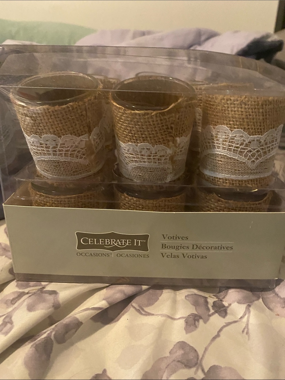 Celebrate It Burlap and Lace Votive Candle Holders - Natural set of 18